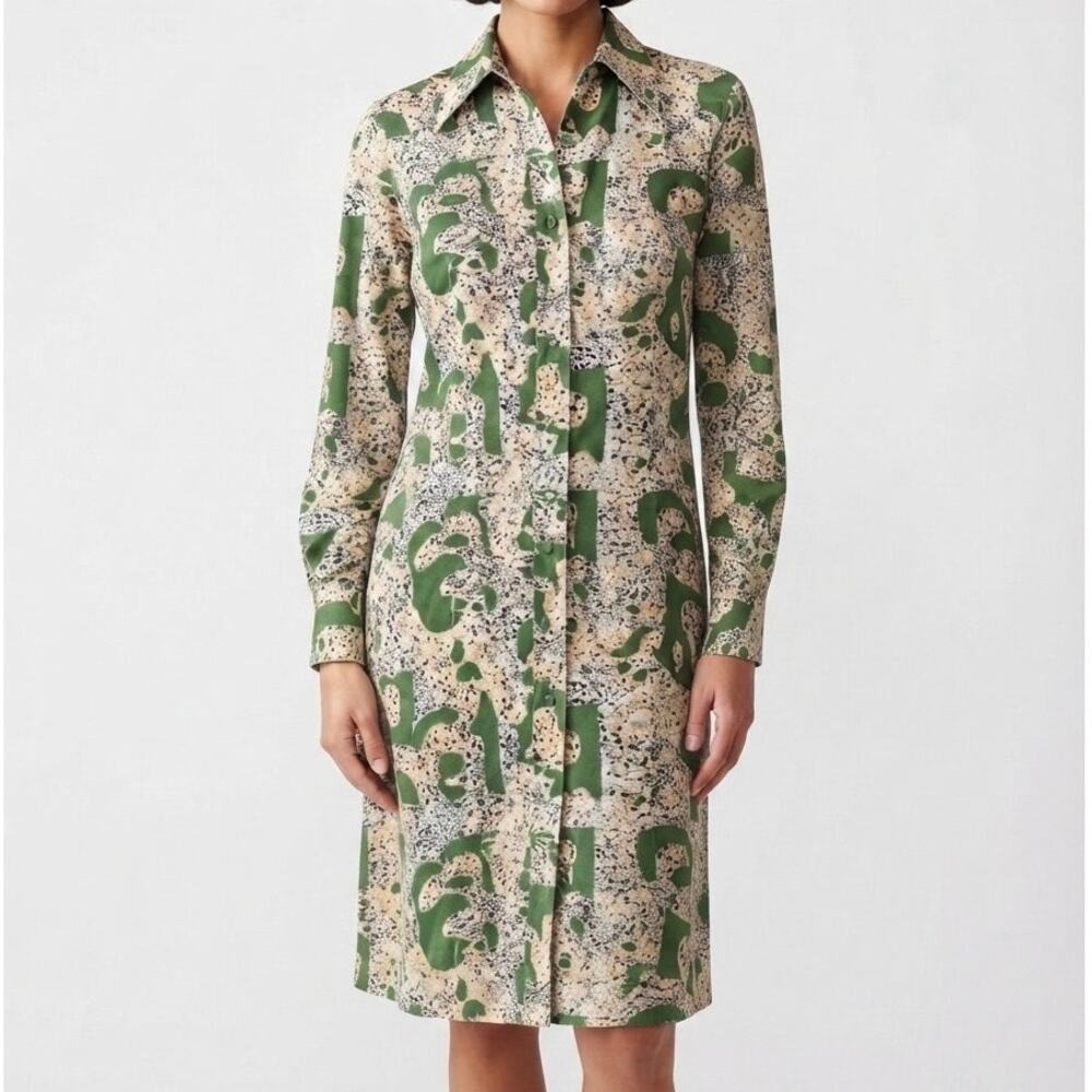 Vintage 70s Lanvin Paris NY Graphic Wide Collar Shirt Dress Size 14 (Modern 10)